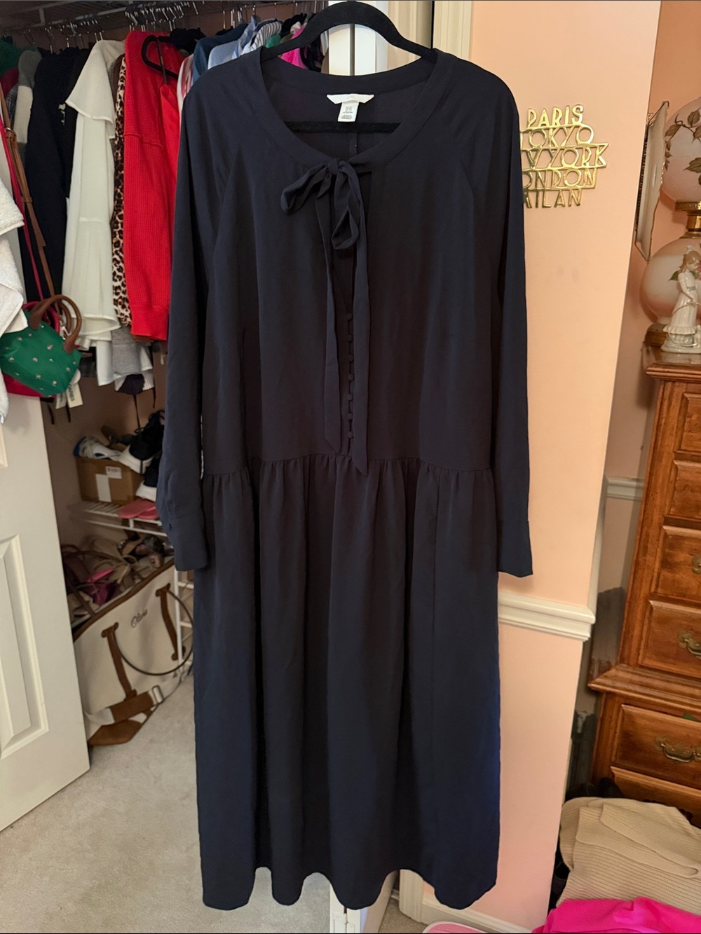 H&M Black Long-Sleeve Tie-Neck Midi Dress with Covered Buttons